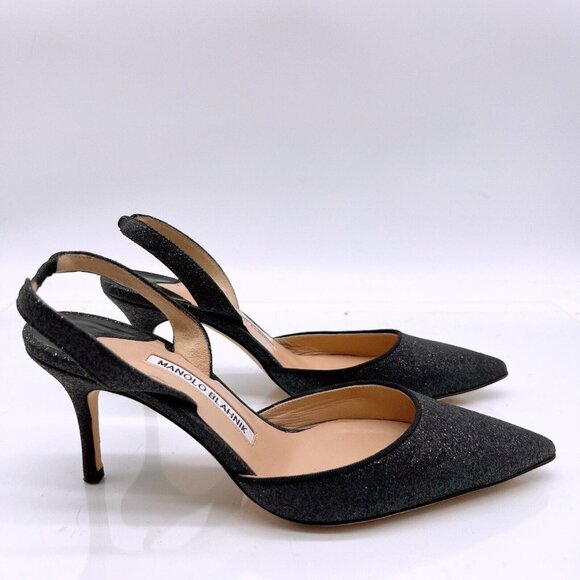 Manolo Blahnik Carolyne Low Heel Women’s Slingback Pumps Black Glitter EU 36.5 - Picture 5 of 12
